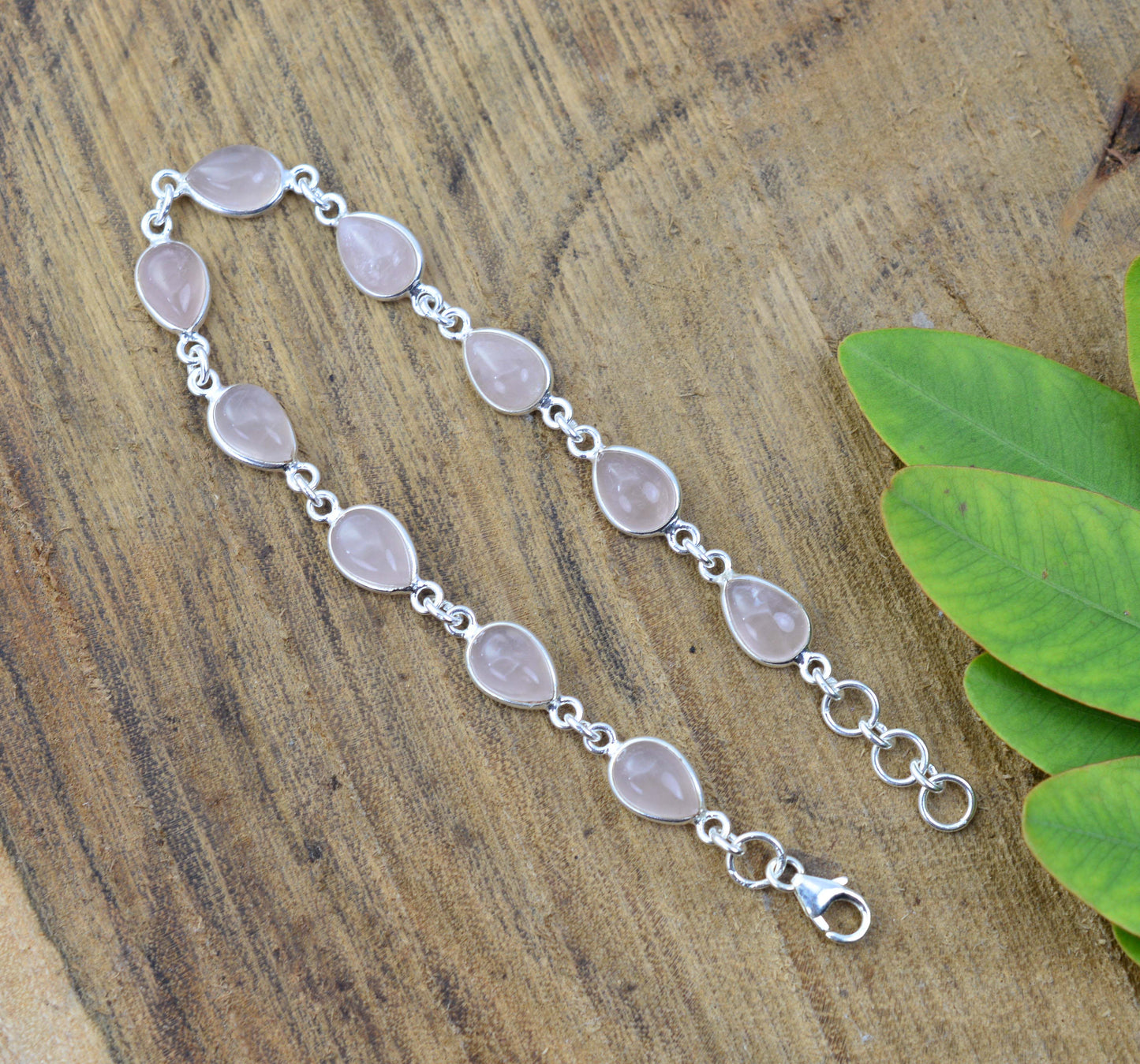 925 SOLID STERLING SILVER PINK ROSE QUARTZ HANDMADE BRACELET