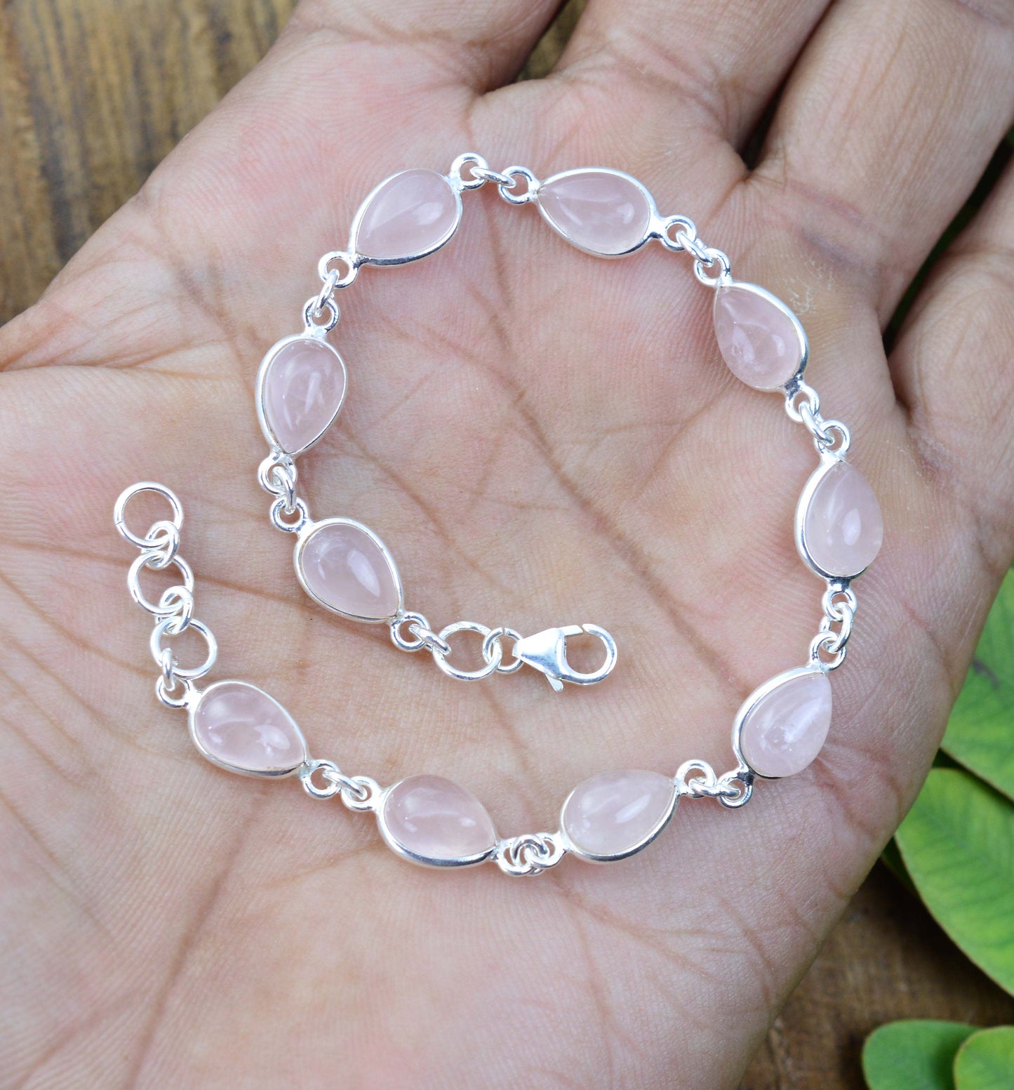 925 SOLID STERLING SILVER PINK ROSE QUARTZ HANDMADE BRACELET