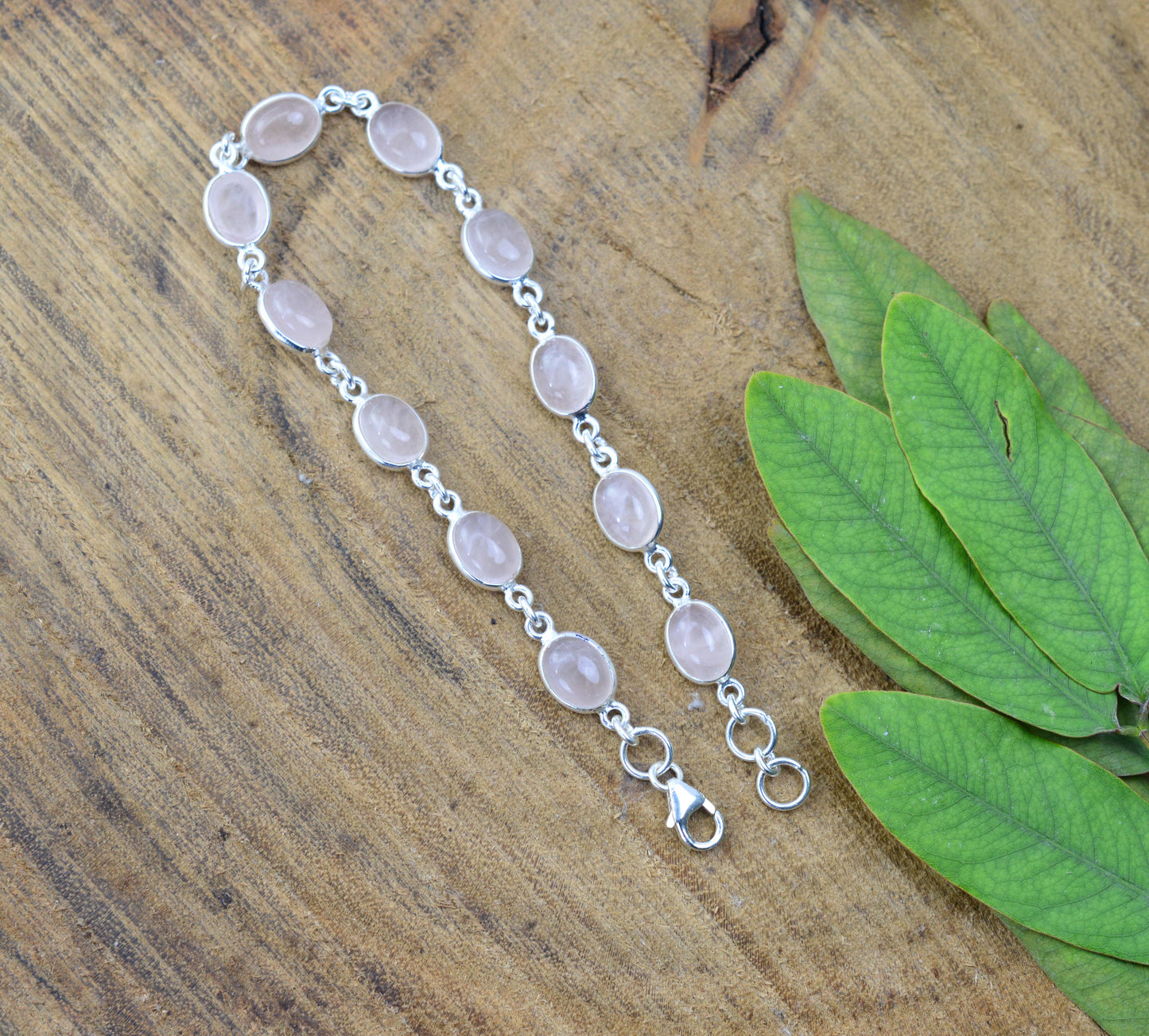 925 SOLID STERLING SILVER Pink ROSE QUARTZ HANDMADE BRACELET - 8 INCH