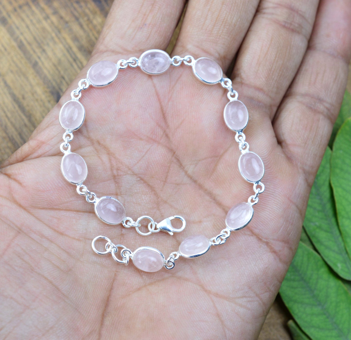 925 SOLID STERLING SILVER Pink ROSE QUARTZ HANDMADE BRACELET - 8 INCH