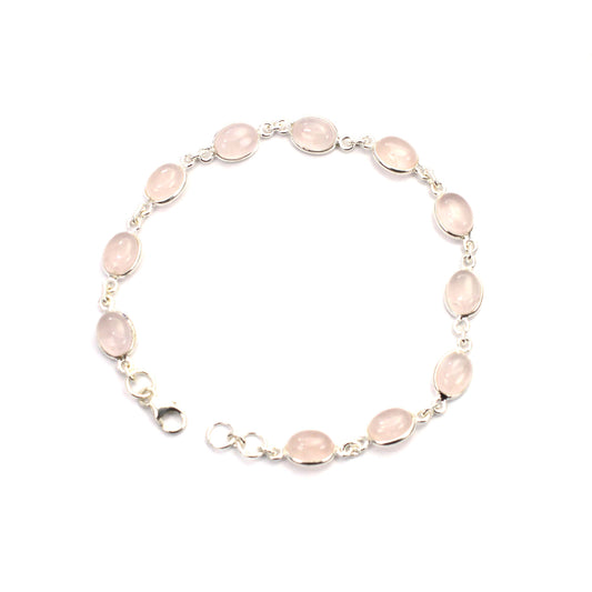 925 SOLID STERLING SILVER PINK ROSE QUARTZ HANDMADE BRACELET- 7.8 INCH