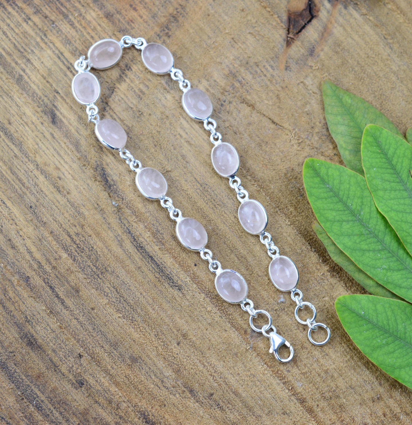 925 SOLID STERLING SILVER PINK ROSE QUARTZ HANDMADE BRACELET- 7.8 INCH