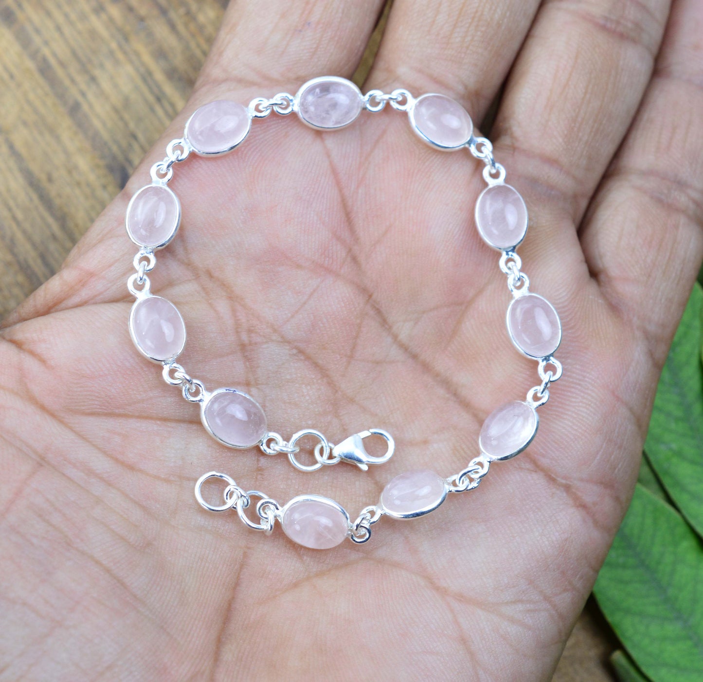925 SOLID STERLING SILVER PINK ROSE QUARTZ HANDMADE BRACELET- 7.8 INCH