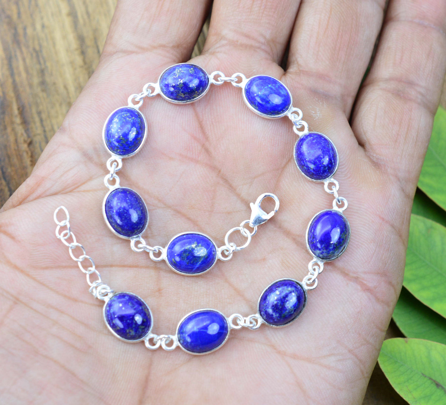 925 SOLID STERLING SILVER BLUE LAPIS LAZULI HANDMADE BRACELET - 8.1 INCH