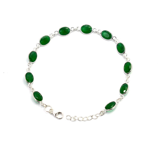 925 SOLID STERLING SILVER CUT Simulated Emerald HANDMADE BRACELET - 8.5 INCH