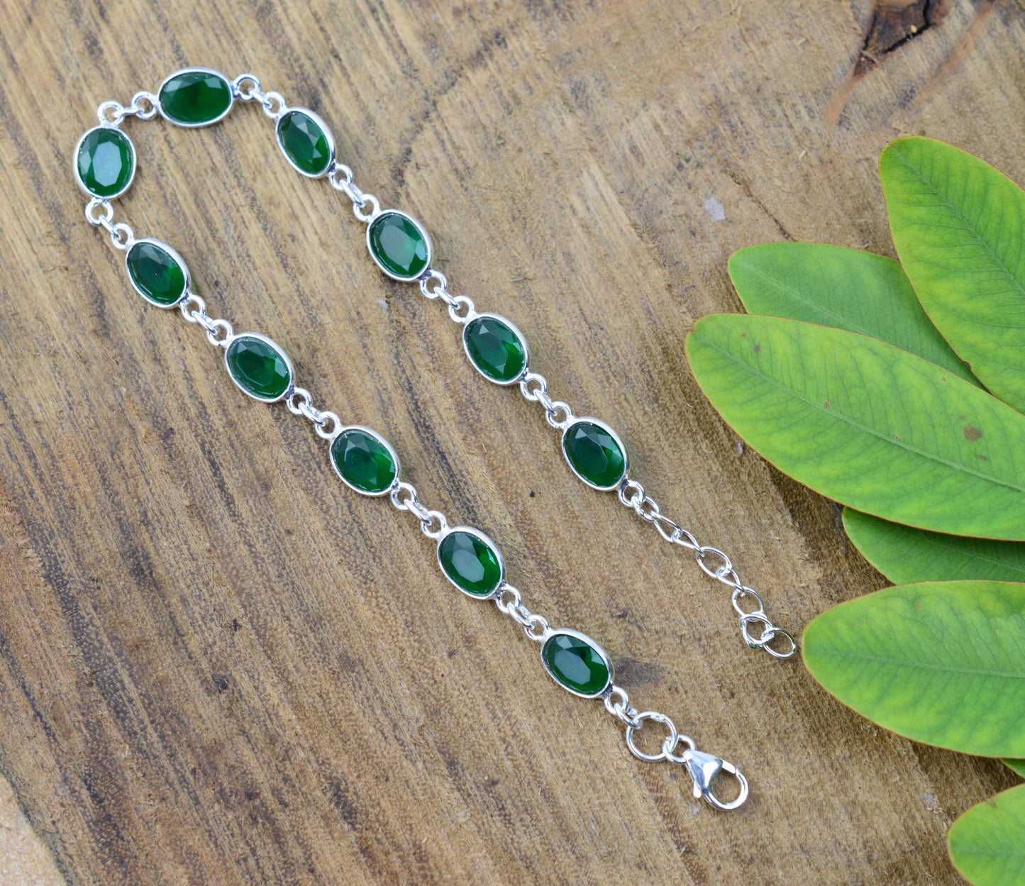 925 SOLID STERLING SILVER CUT Simulated Emerald HANDMADE BRACELET - 8.5 INCH