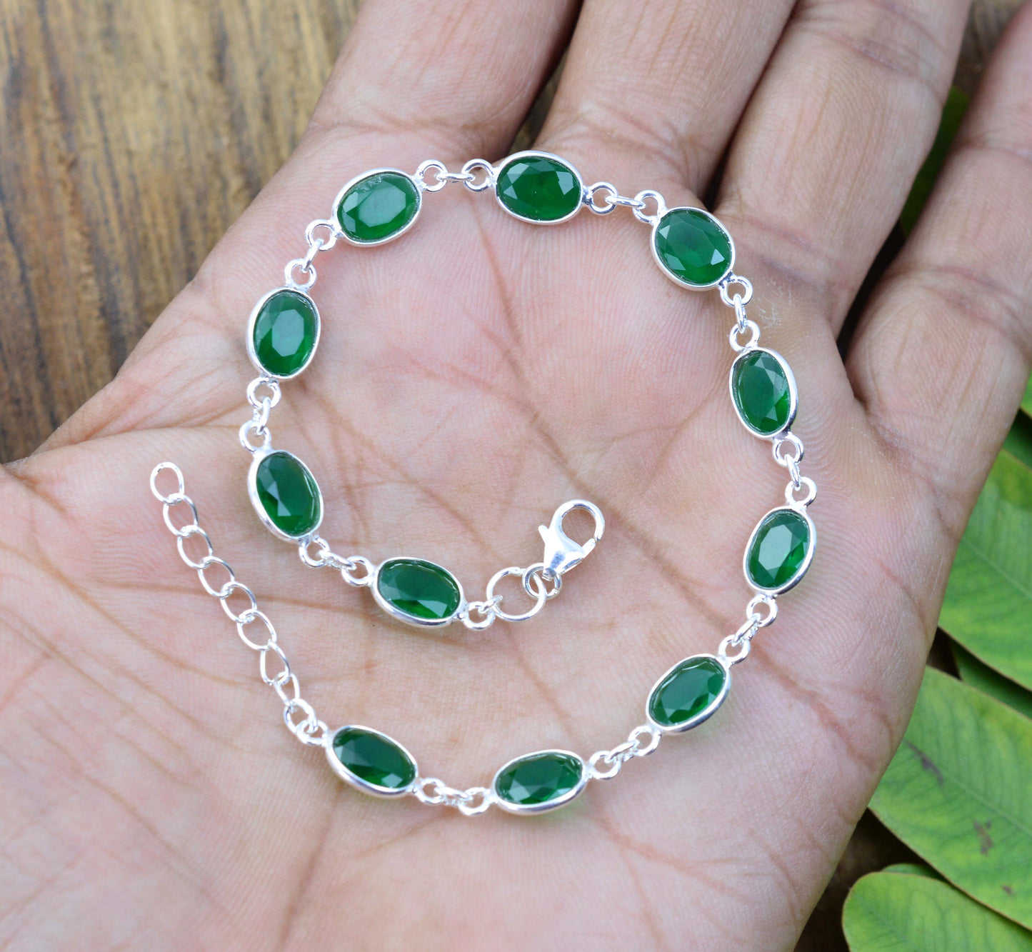 925 SOLID STERLING SILVER CUT Simulated Emerald HANDMADE BRACELET - 8.5 INCH