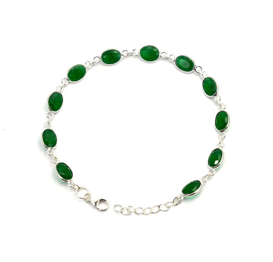 925 SOLID STERLING SILVER CUT Simulated Emerald HANDMADE BRACELET - 8.5 INCH