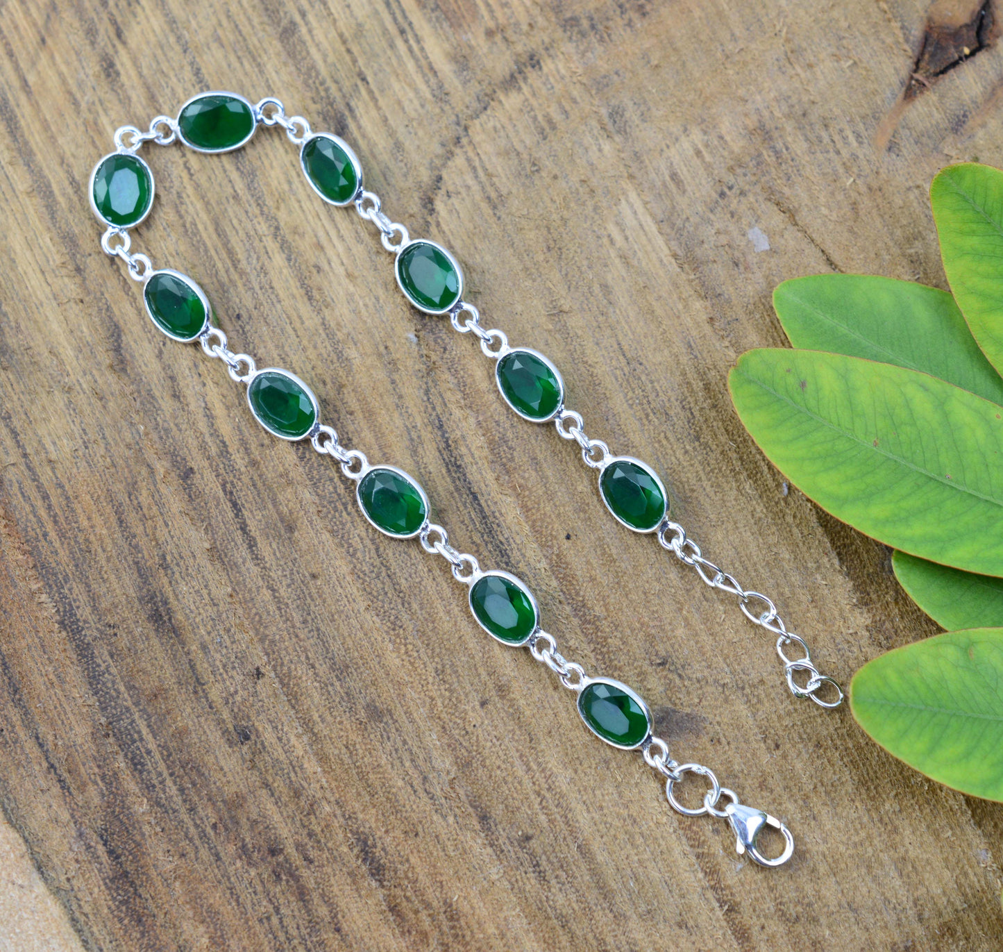 925 SOLID STERLING SILVER CUT Simulated Emerald HANDMADE BRACELET - 8.5 INCH