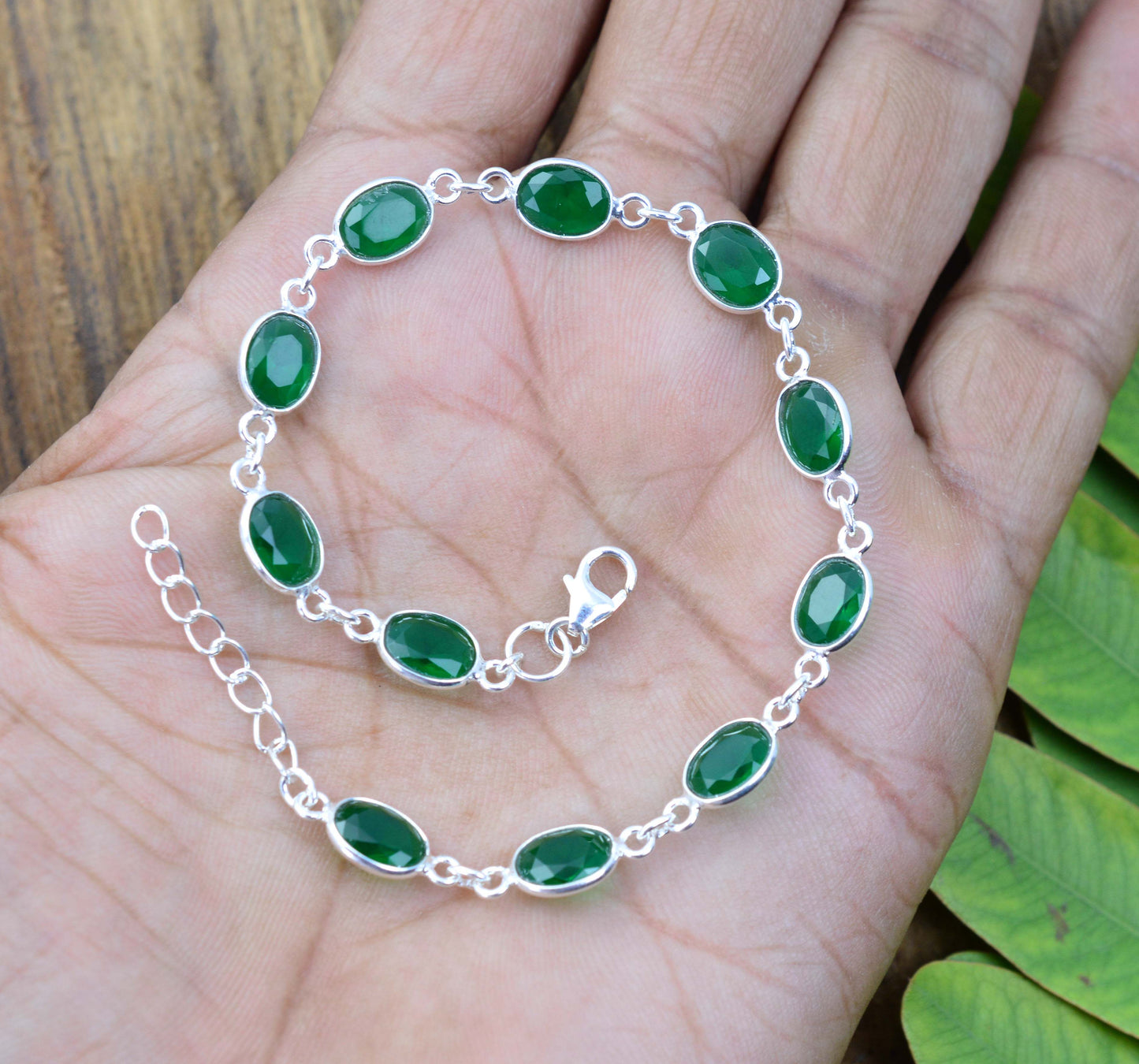 925 SOLID STERLING SILVER CUT Simulated Emerald HANDMADE BRACELET - 8.5 INCH