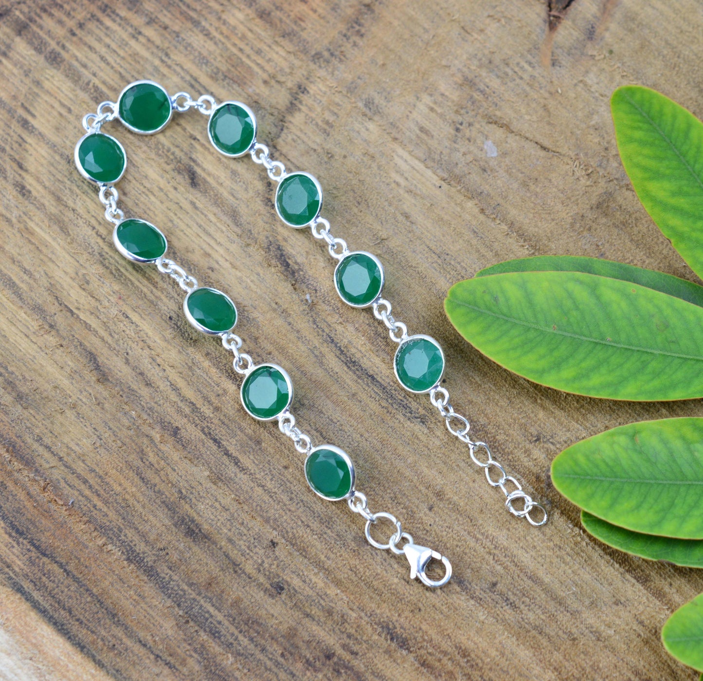 925 SOLID STERLING SILVER CUT Simulated Emerald HANDMADE BRACELET - 7.8 INCH
