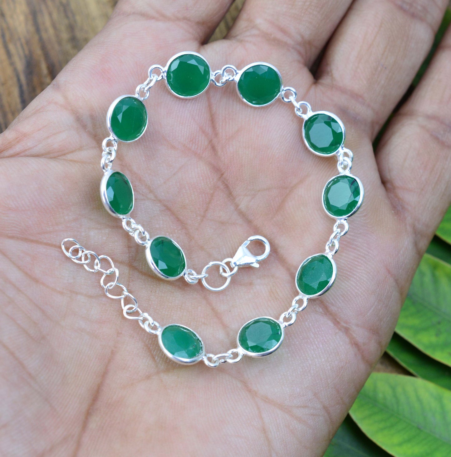 925 SOLID STERLING SILVER CUT Simulated Emerald HANDMADE BRACELET - 7.8 INCH