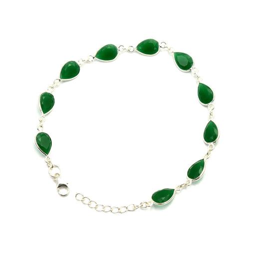 925 SOLID STERLING SILVER CUT Simulated Emerald HANDMADE BRACELET - 8.7 INCH