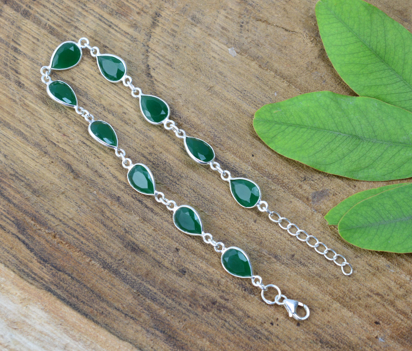 925 SOLID STERLING SILVER CUT Simulated Emerald HANDMADE BRACELET - 8.7 INCH