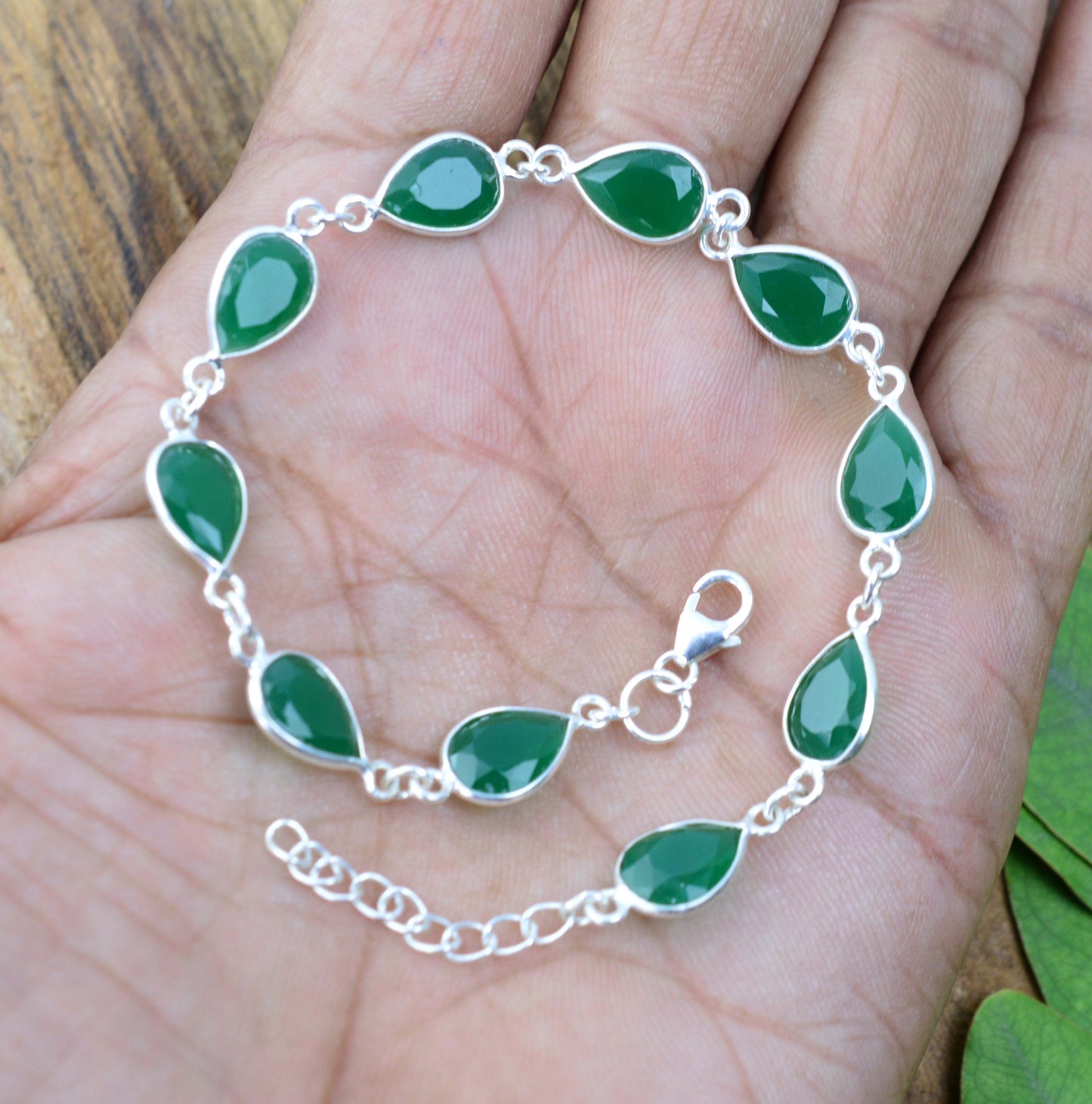 925 SOLID STERLING SILVER CUT Simulated Emerald HANDMADE BRACELET - 8.7 INCH