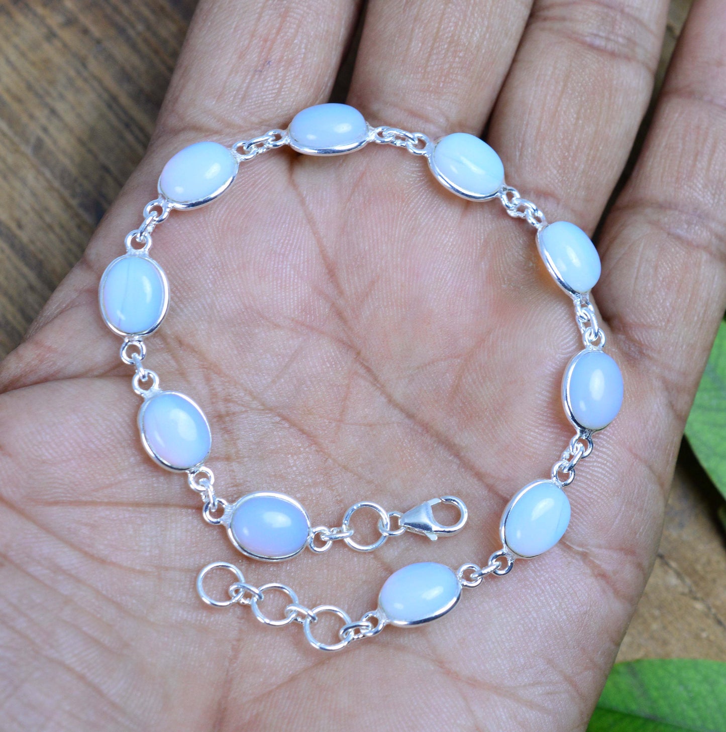 925 SOLID STERLING SILVER MILKY OPALITE HANDMADE BRACELET - 8.1 INCH