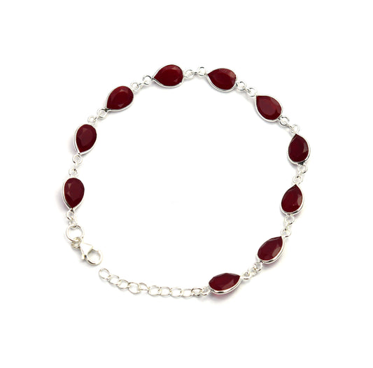 925 SOLID STERLING CUT Simulated Ruby HANDMADE BRACELET - 8.2 INCH