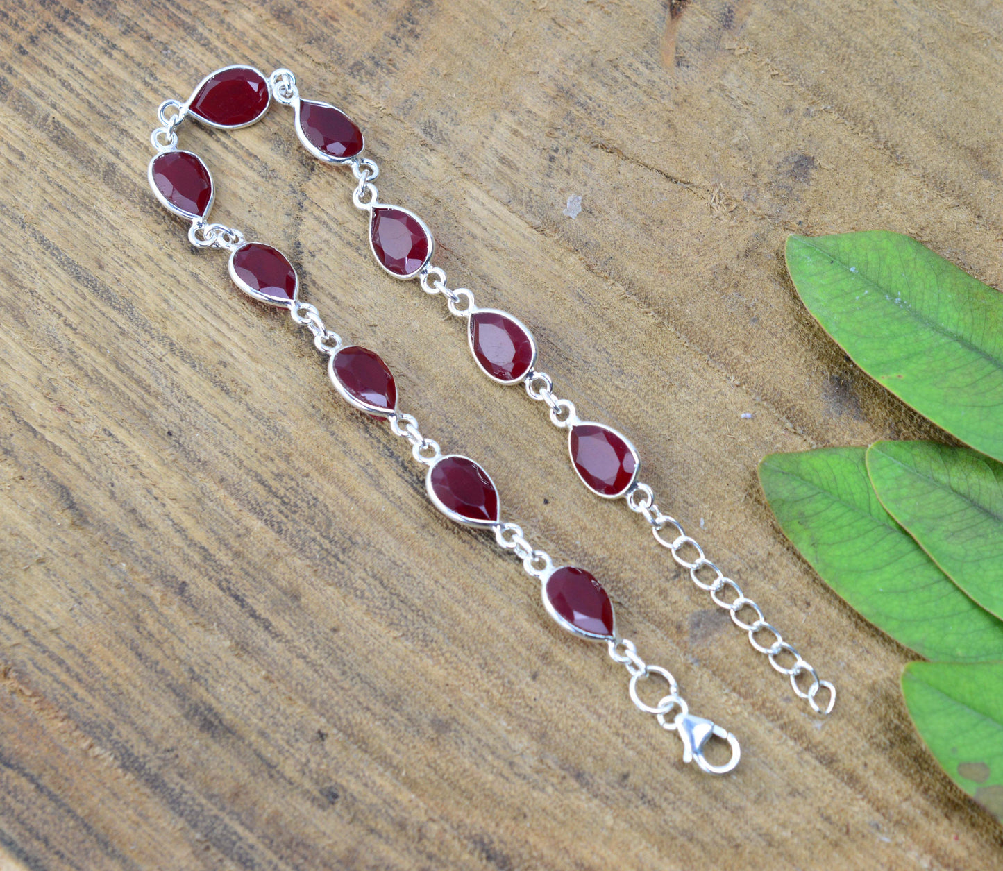 925 SOLID STERLING CUT Simulated Ruby HANDMADE BRACELET - 8.2 INCH