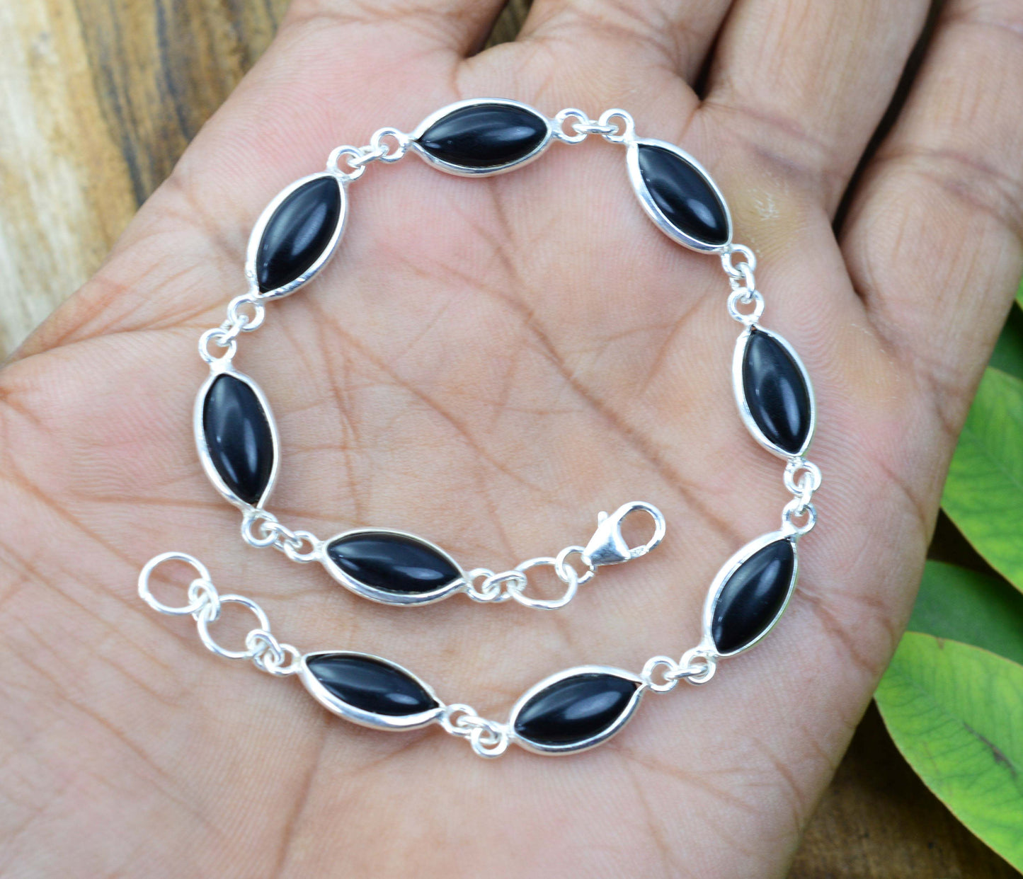 925 SOLID STERLING SILVER BLACK ONYX HANDMADE BRACELET - 8.3 INCH
