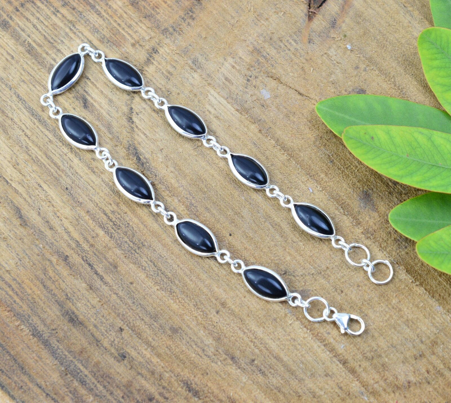 925 SOLID STERLING SILVER BLACK ONYX HANDMADE BRACELET - 8.3 INCH