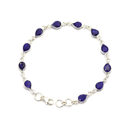 925 SOLID STERLING SILVER CUT Simulated Sapphire HANDMADE BRACELET - 8 INCH