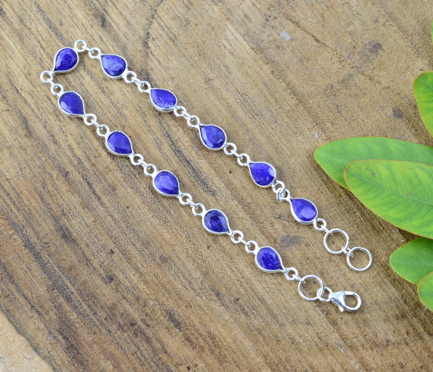 925 SOLID STERLING SILVER CUT Simulated Sapphire HANDMADE BRACELET - 8 INCH