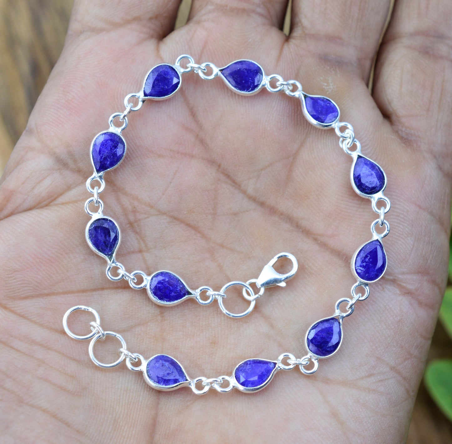 925 SOLID STERLING SILVER CUT Simulated Sapphire HANDMADE BRACELET - 8 INCH