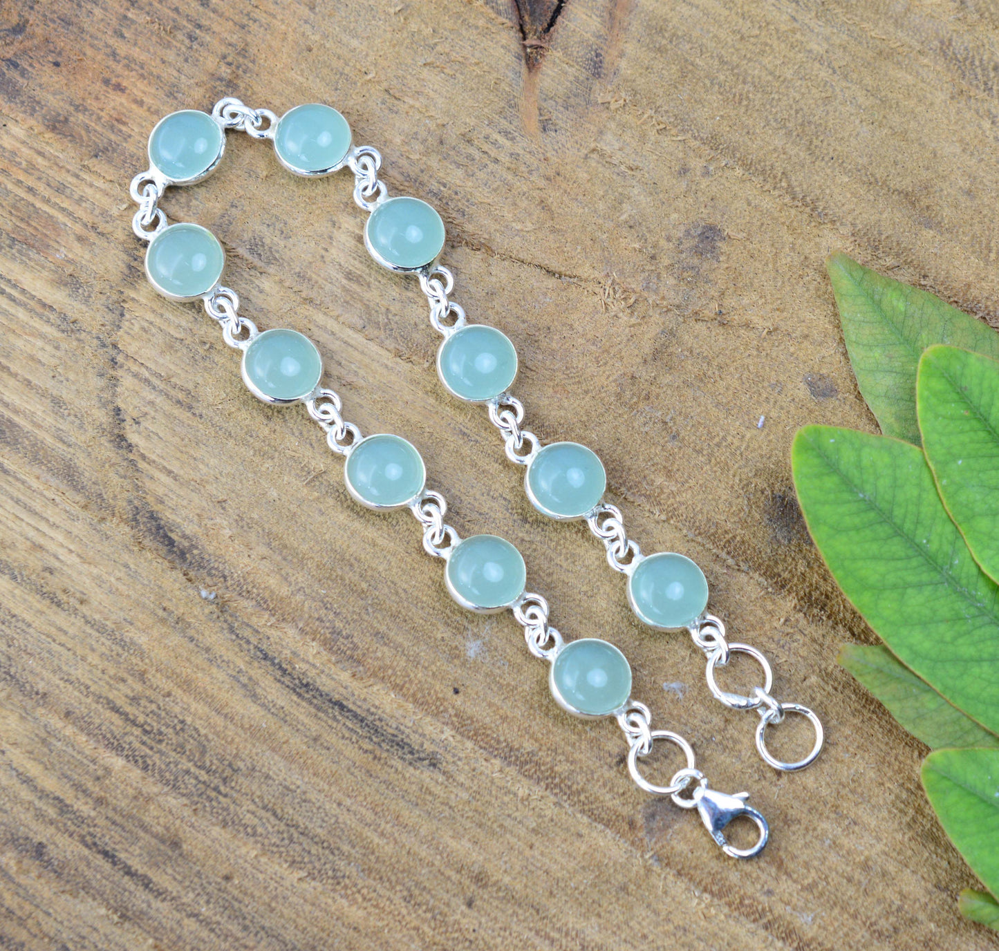 925 SOLID STERLING SILVER AQUA CHALCEDONY HANDMADE BRACELET - 7 INCH