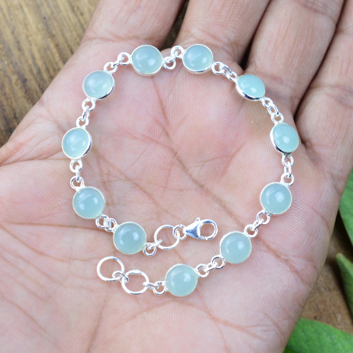 925 SOLID STERLING SILVER AQUA CHALCEDONY HANDMADE BRACELET - 7 INCH
