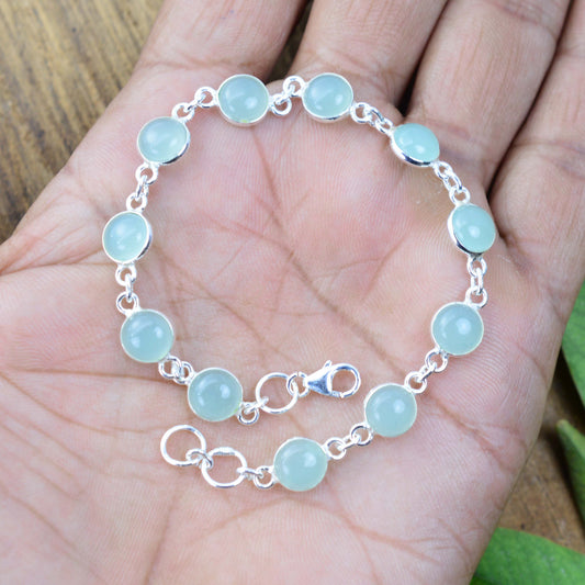 925 SOLID STERLING SILVER AQUA CHALCEDONY HANDMADE BRACELET - 7 INCH