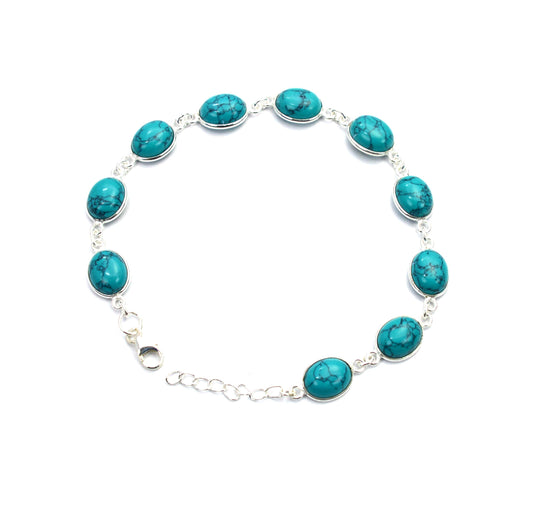 925 SOLID STERLING SILVER BLUE TURQUOISE HANDMADE BRACELET - 8.5 INCH