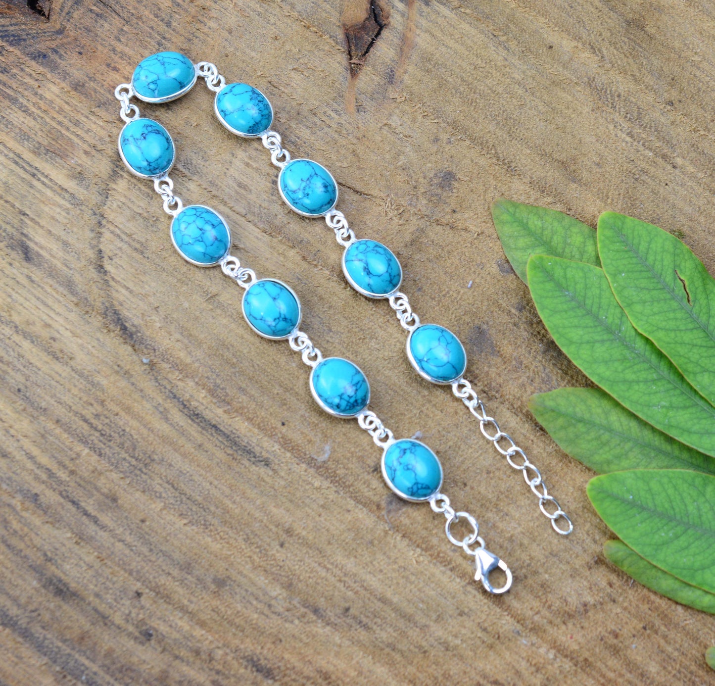 925 SOLID STERLING SILVER BLUE TURQUOISE HANDMADE BRACELET - 8.5 INCH
