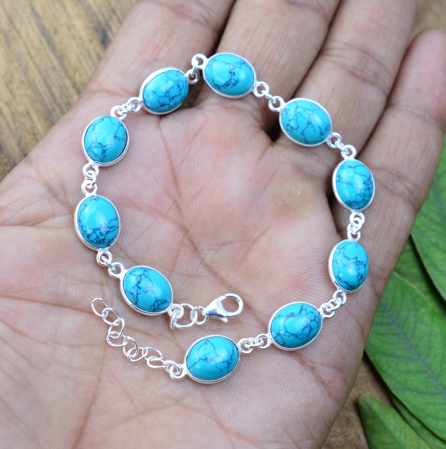 925 SOLID STERLING SILVER BLUE TURQUOISE HANDMADE BRACELET - 8.5 INCH