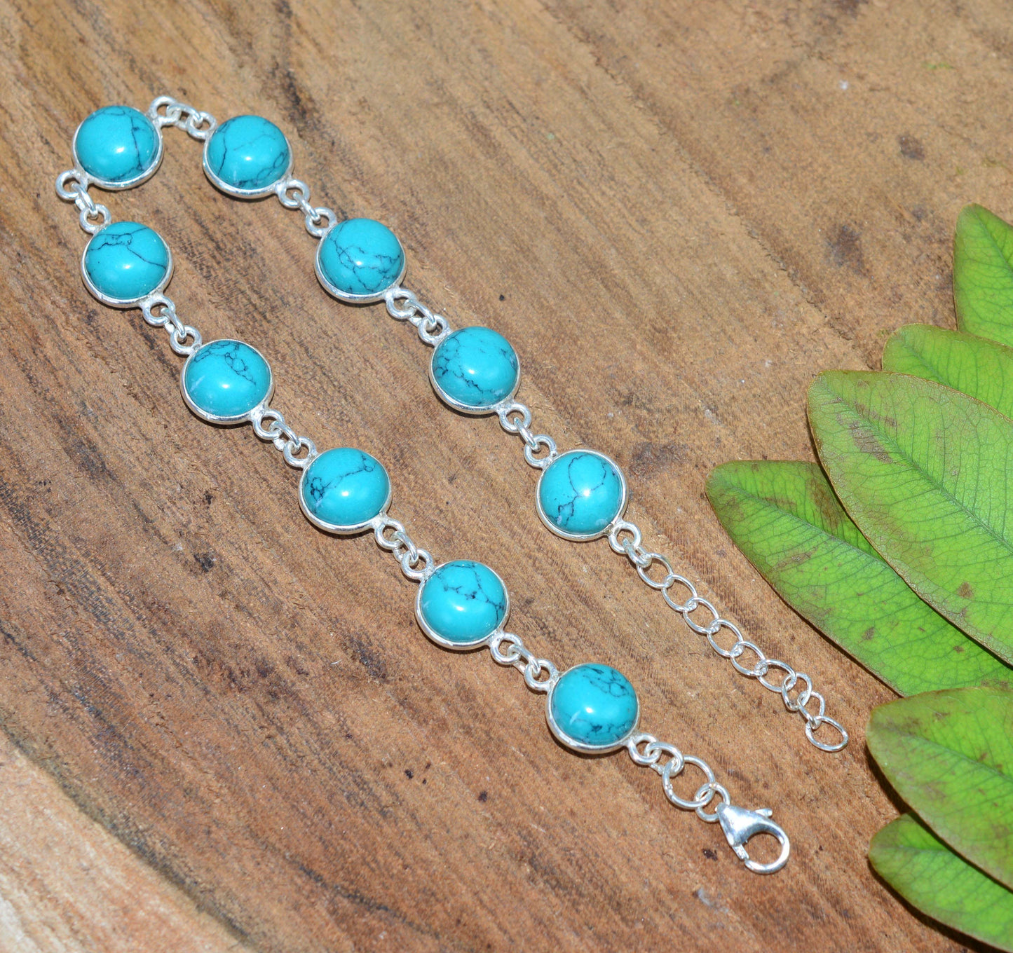 925 SOLID STERLING SILVER BLUE TURQUOISE HANDMADE BRACELET - 8 INCH