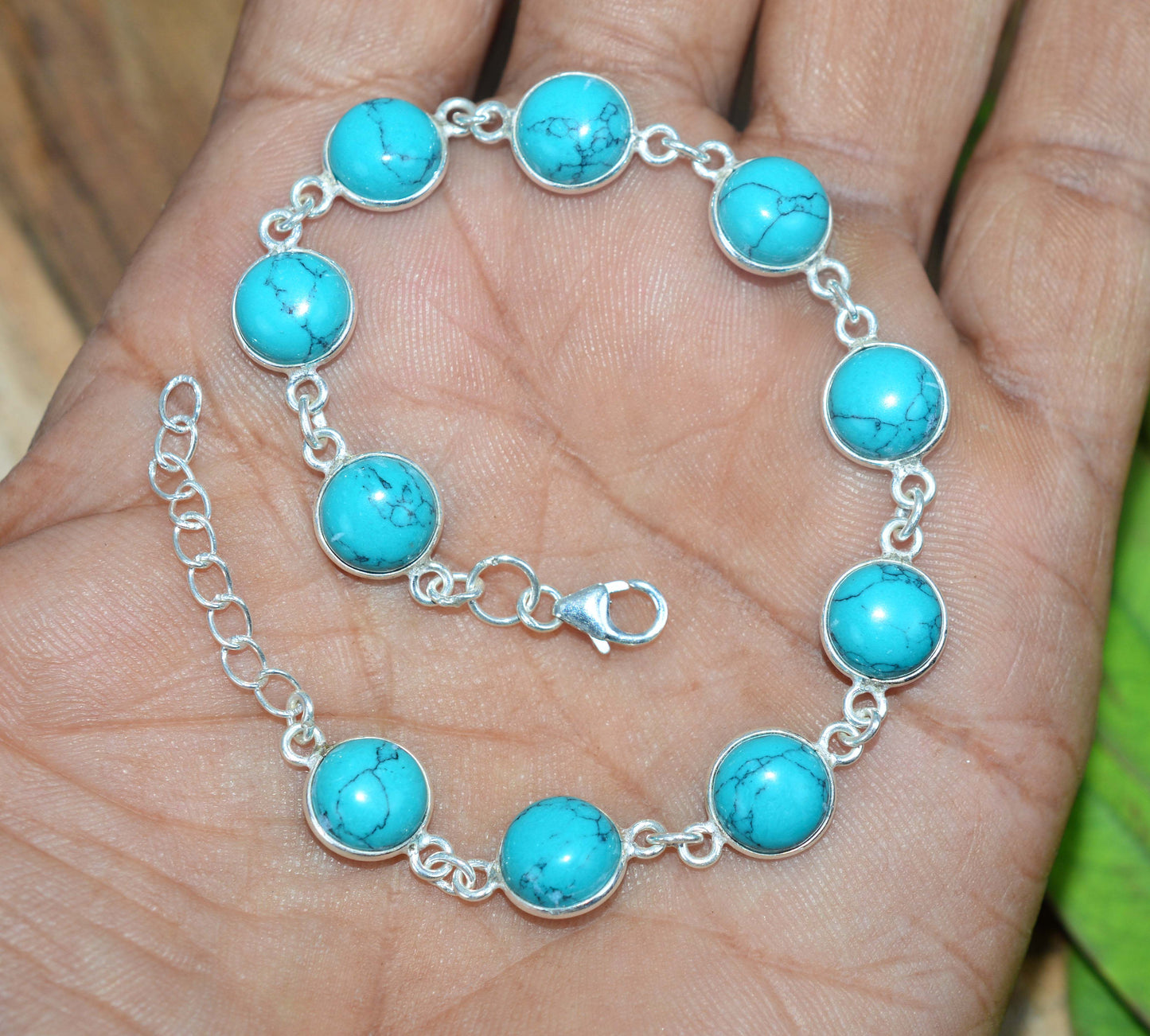 925 SOLID STERLING SILVER BLUE TURQUOISE HANDMADE BRACELET - 8 INCH