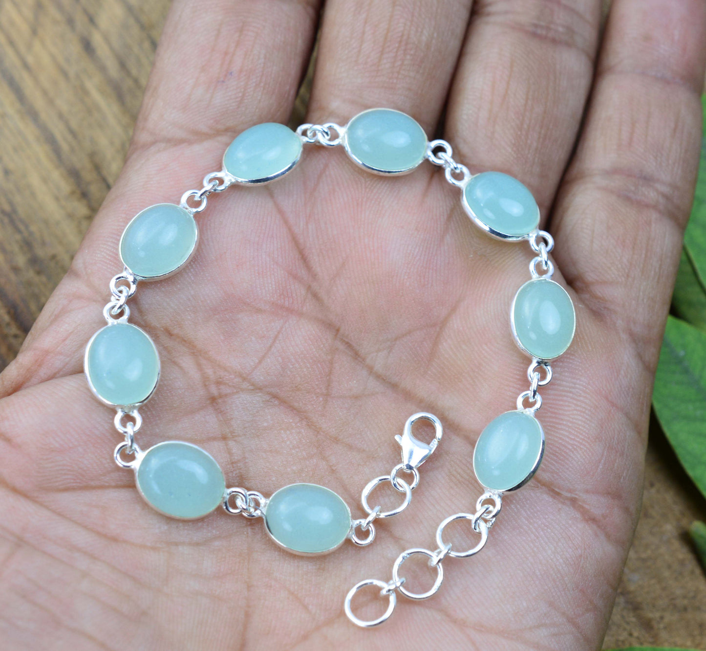 925 SOLID STERLING SILVER AQUA CHALCEDONY HANDMADE BRACELET - 7.5 INCH