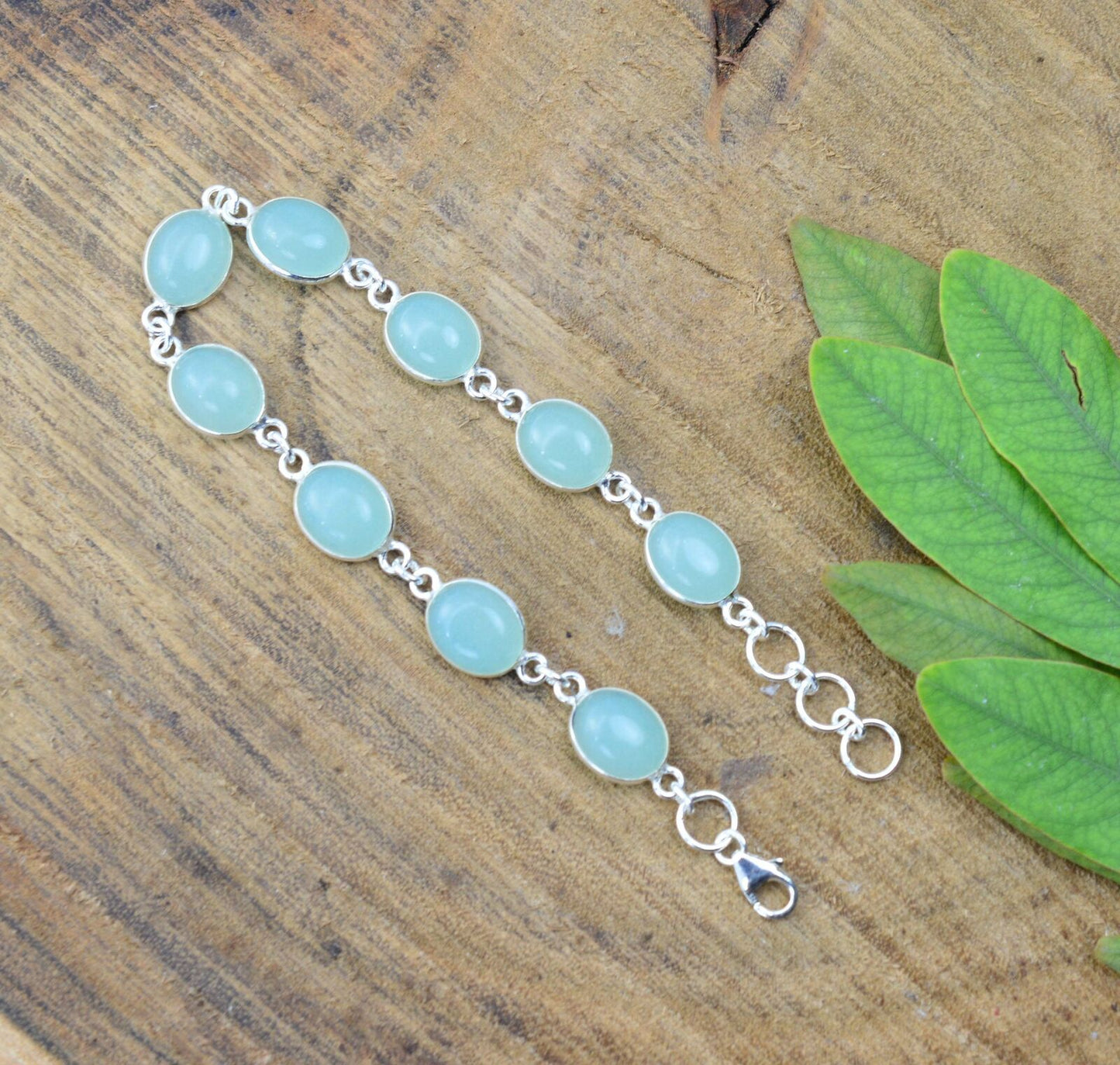 925 SOLID STERLING SILVER AQUA CHALCEDONY HANDMADE BRACELET - 7.5 INCH