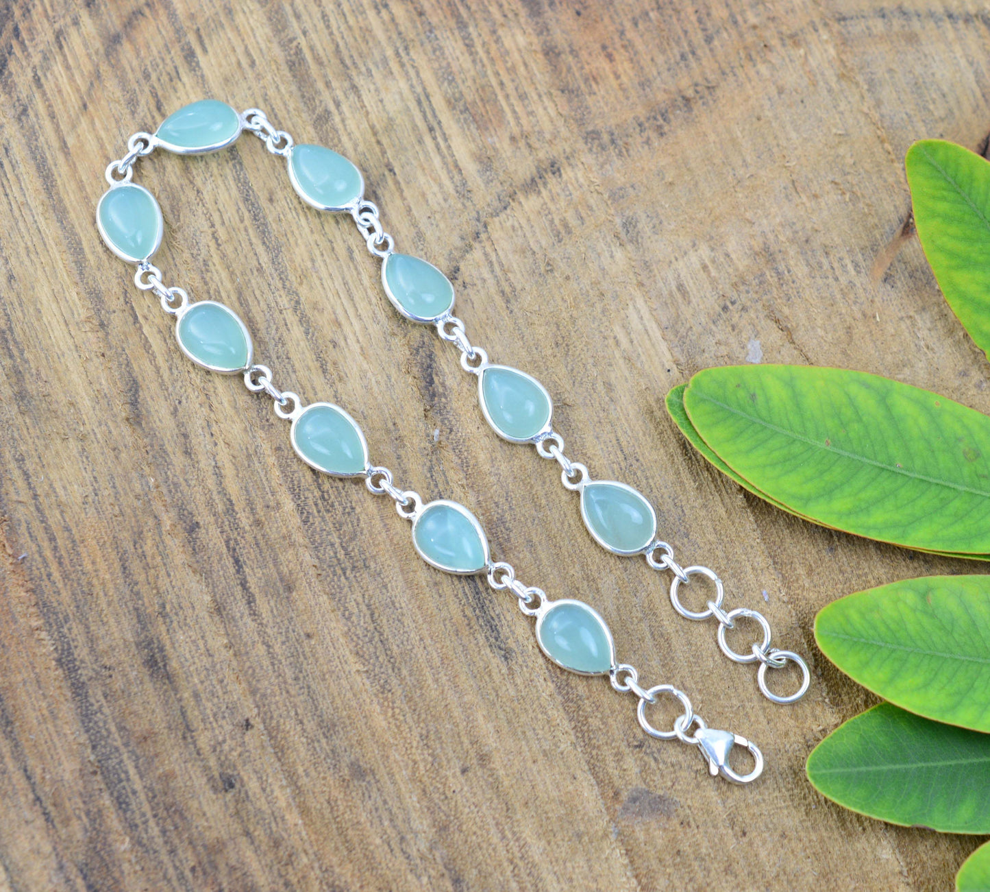 925 SOLID STERLING SILVER AQUA CHALCEDONY HANDMADE BRACELET - 8 INCH