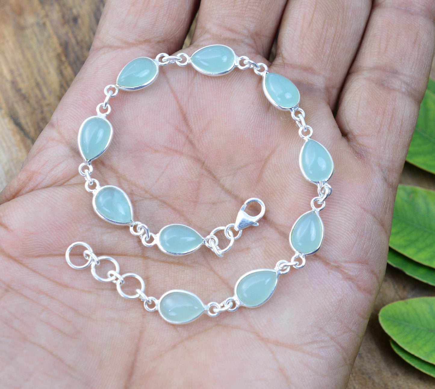 925 SOLID STERLING SILVER AQUA CHALCEDONY HANDMADE BRACELET - 8 INCH