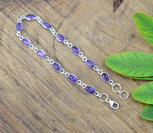925 SOLID STERLING SILVER PURPLE AMETHYST HANDMADE BRACELET - 8 INCH