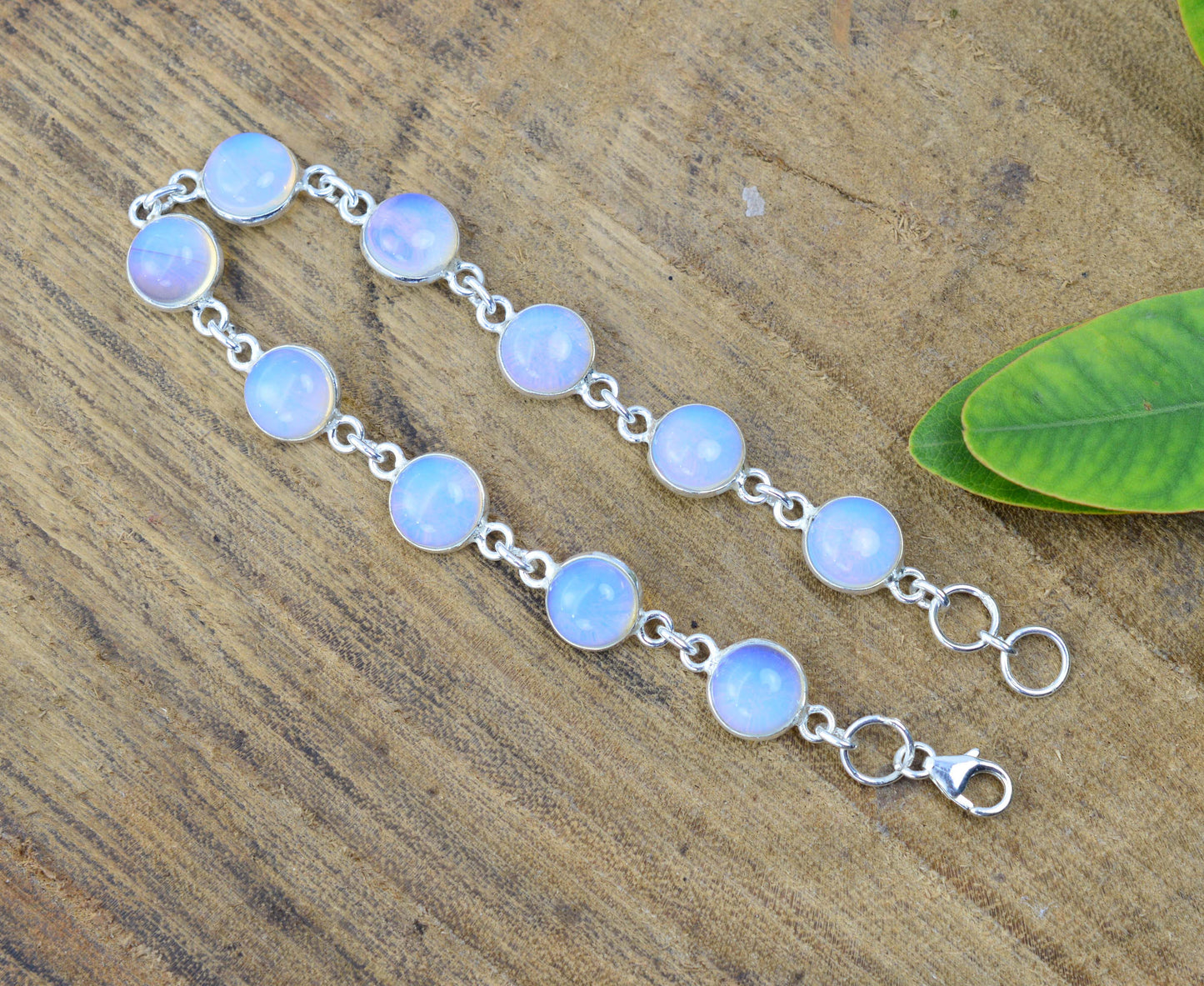 925 SOLID STERLING SILVER MILKY OPALITE HANDMADE BRACELET -  7 INCH