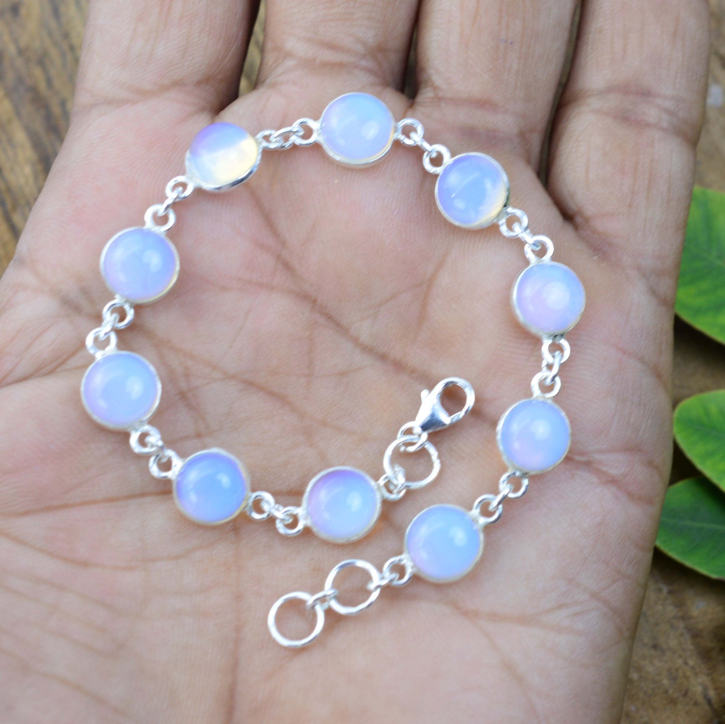 925 SOLID STERLING SILVER MILKY OPALITE HANDMADE BRACELET -  7 INCH