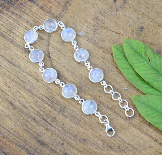 925 SOLID STERLING SILVER WHITE RAINBOW MOONSTONE HANDMADE BRACELET - 7 INCH