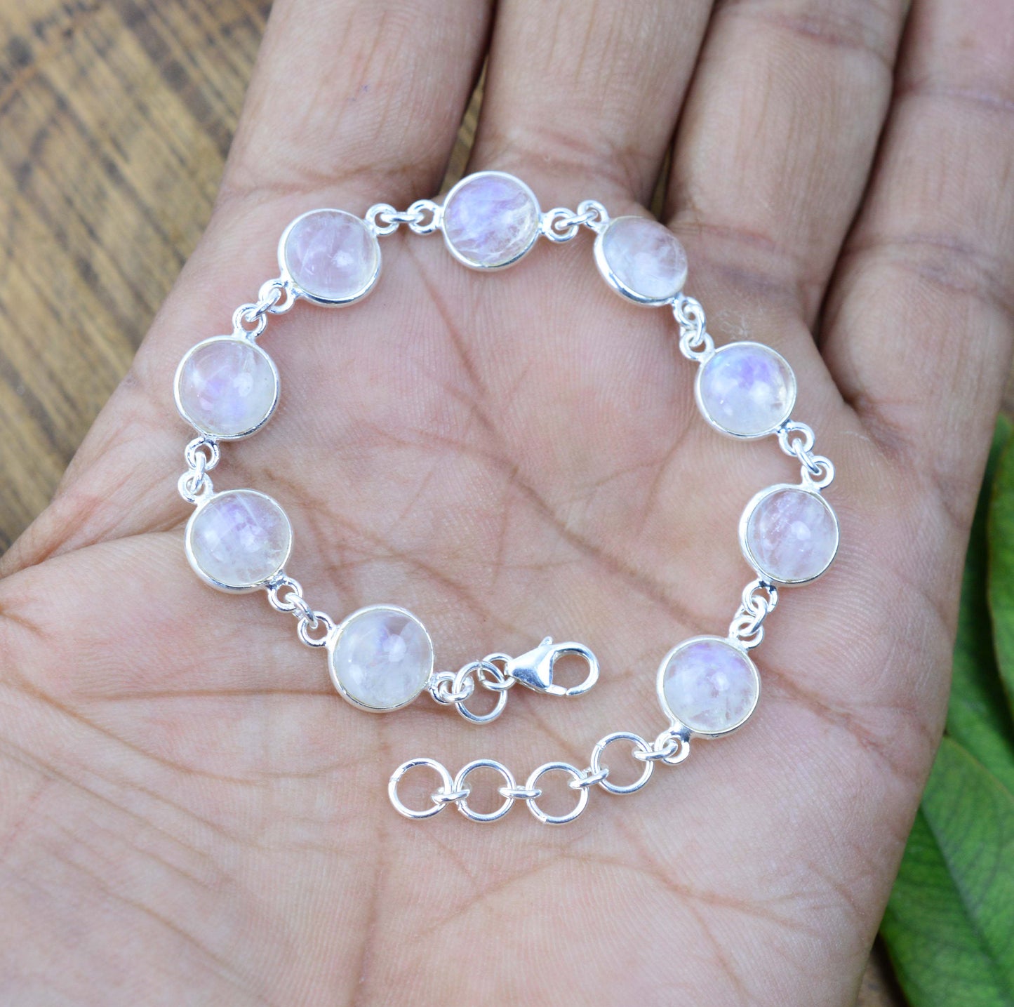 925 SOLID STERLING SILVER WHITE RAINBOW MOONSTONE HANDMADE BRACELET - 7 INCH