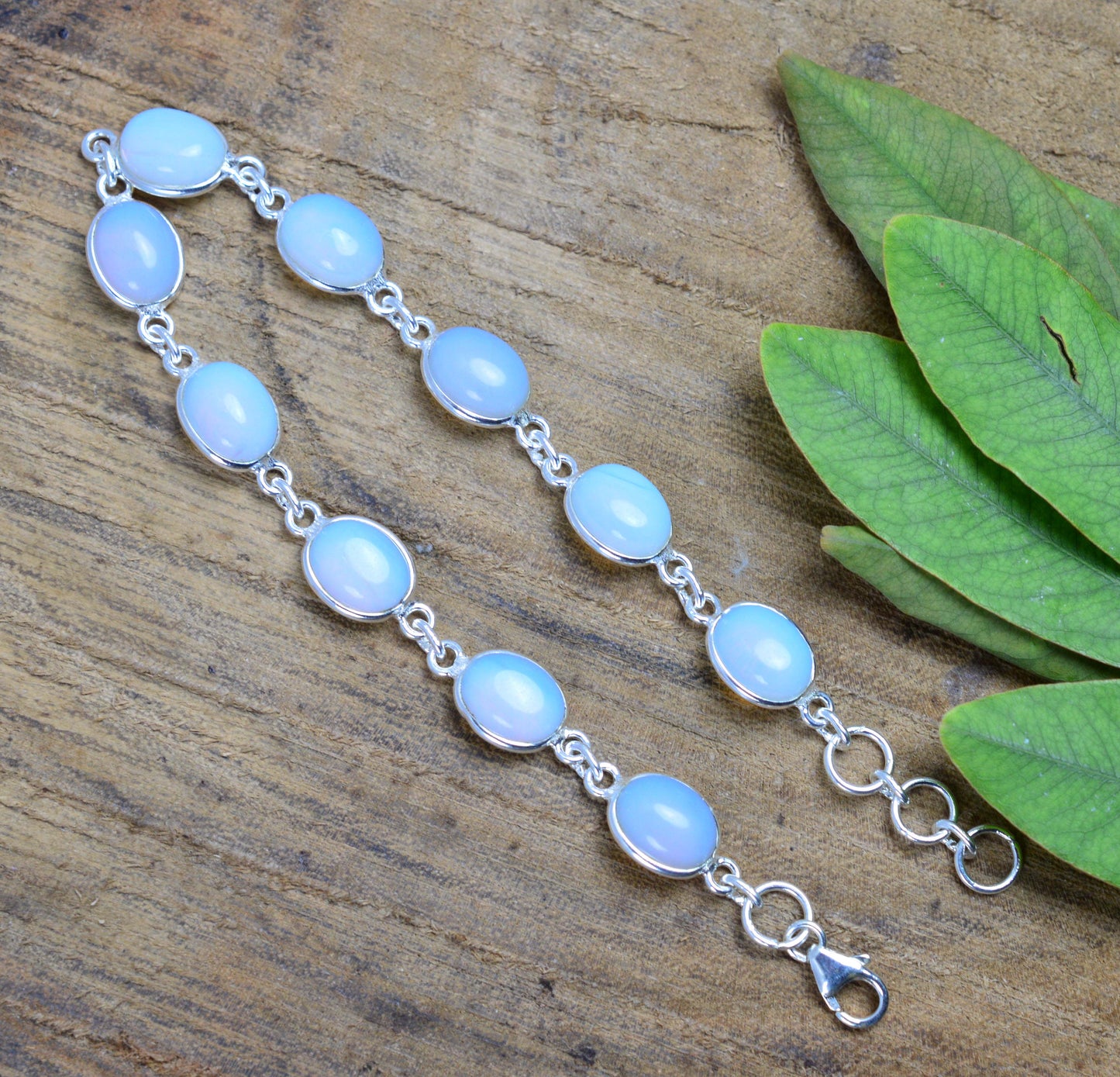 925 SOLID STERLING SILVER MILKY OPALITE HANDMADE BRACELET - 8 INCH