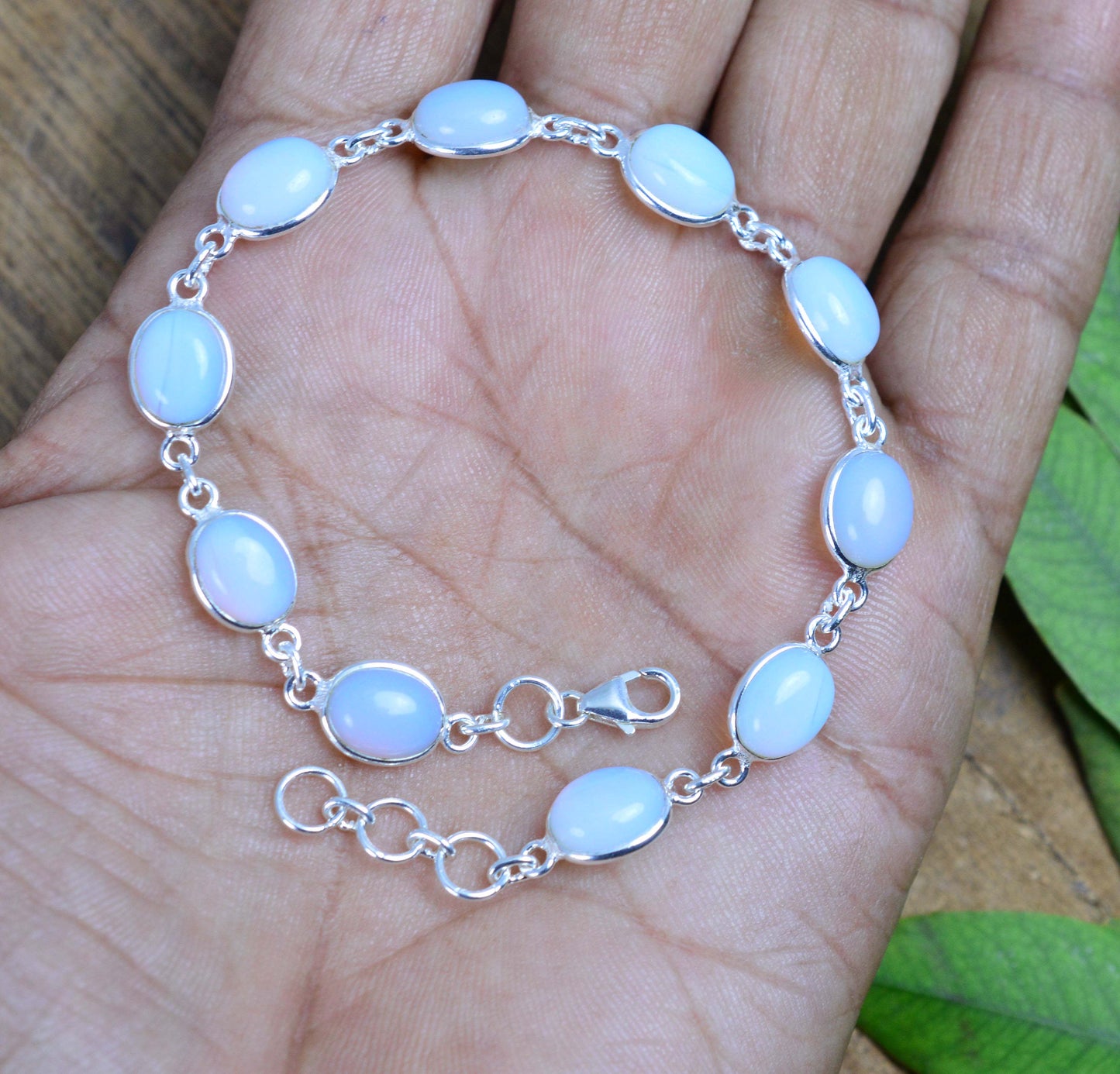 925 SOLID STERLING SILVER MILKY OPALITE HANDMADE BRACELET - 8 INCH