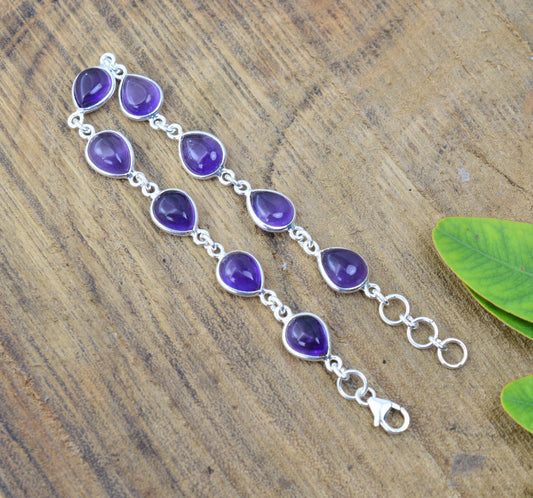 925 SOLID STERLING SILVER PURPLE AMETHYST HANDMADE BRACELET - 7 INCH