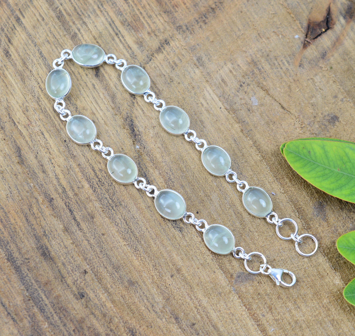 925 SOLID STERLING SILVER Green PREHNITE HANDMADE BRACELET  - 7.5 INCH
