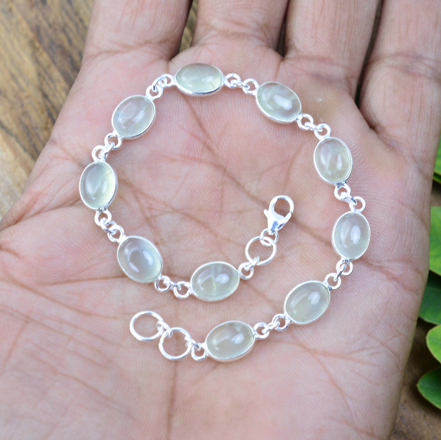 925 SOLID STERLING SILVER Green PREHNITE HANDMADE BRACELET  - 7.5 INCH