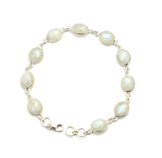 925 SOLID STERLING SILVER WHITE RAINBOW MOONSTONE HANDMADE BRACELET - 8 INCH